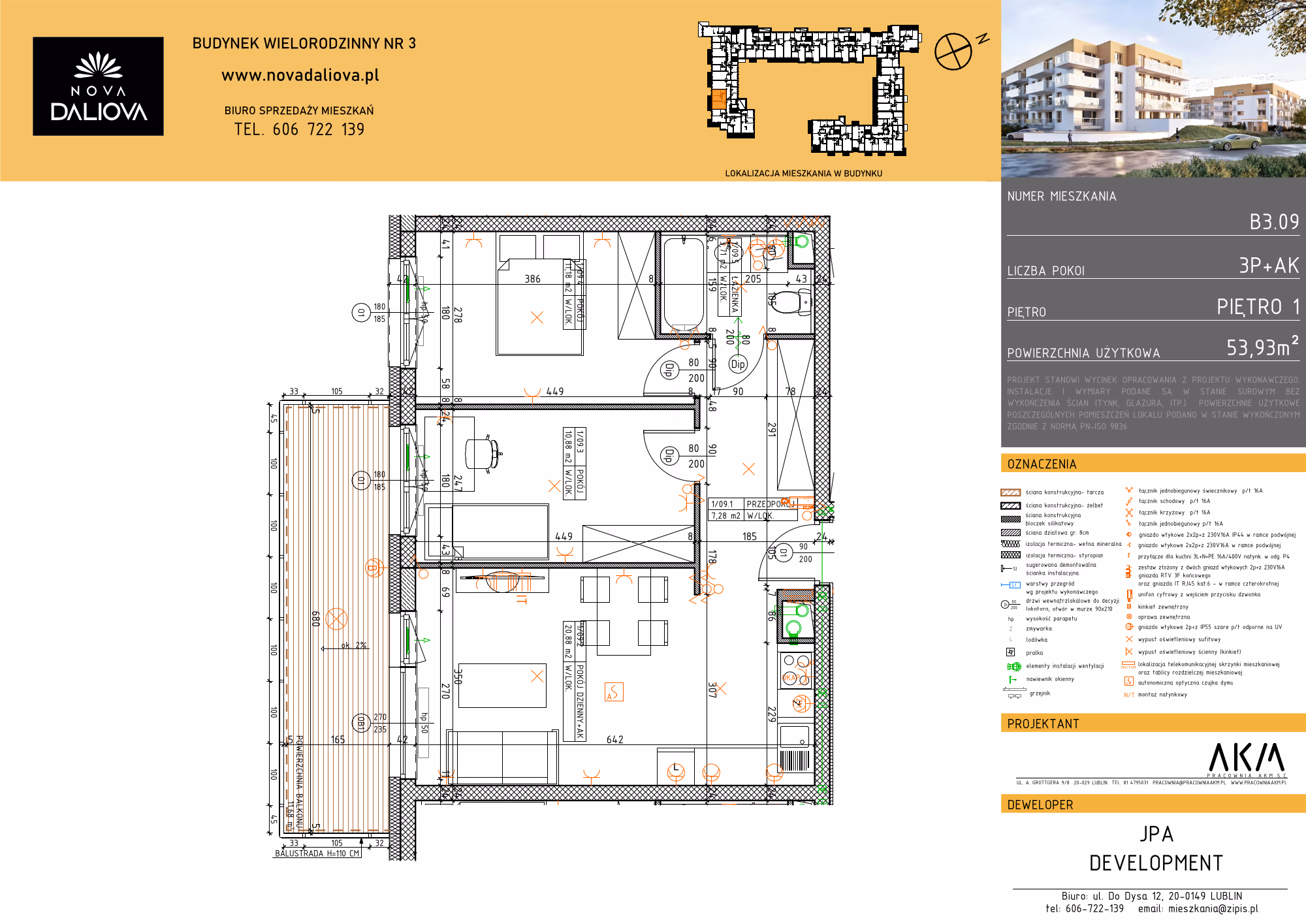 Mieszkanie 3-pokojowe, 54 m² — Nova Daliova B3.09 — rzut