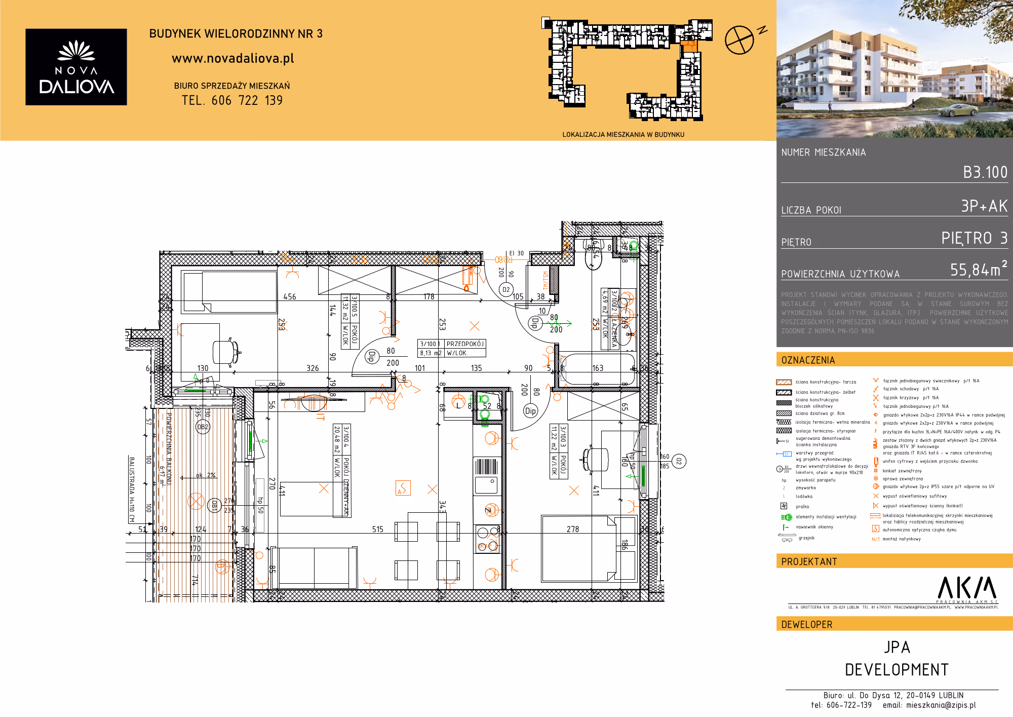 Mieszkanie 3-pokojowe, 56 m² — Nova Daliova B3.100 — rzut