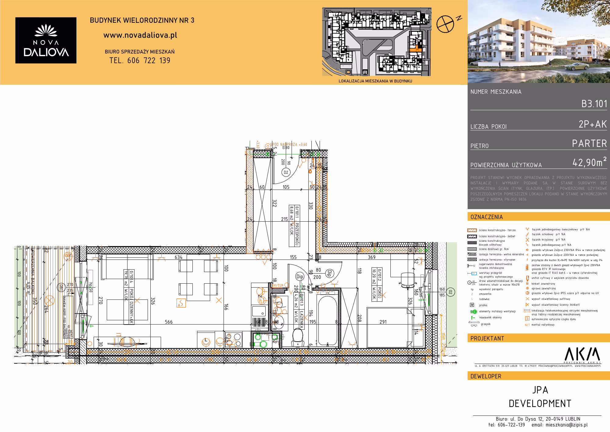 Mieszkanie 2-pokojowe, 43 m² — Nova Daliova B3.101 — rzut
