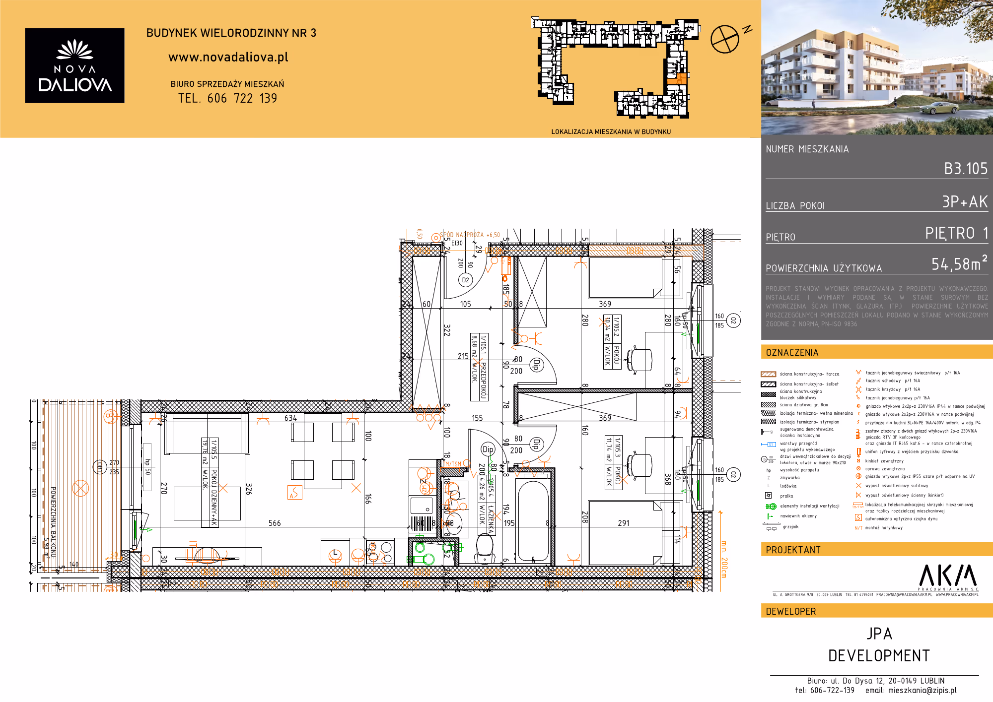Mieszkanie 3-pokojowe, 55 m² — Nova Daliova B3.105 — rzut