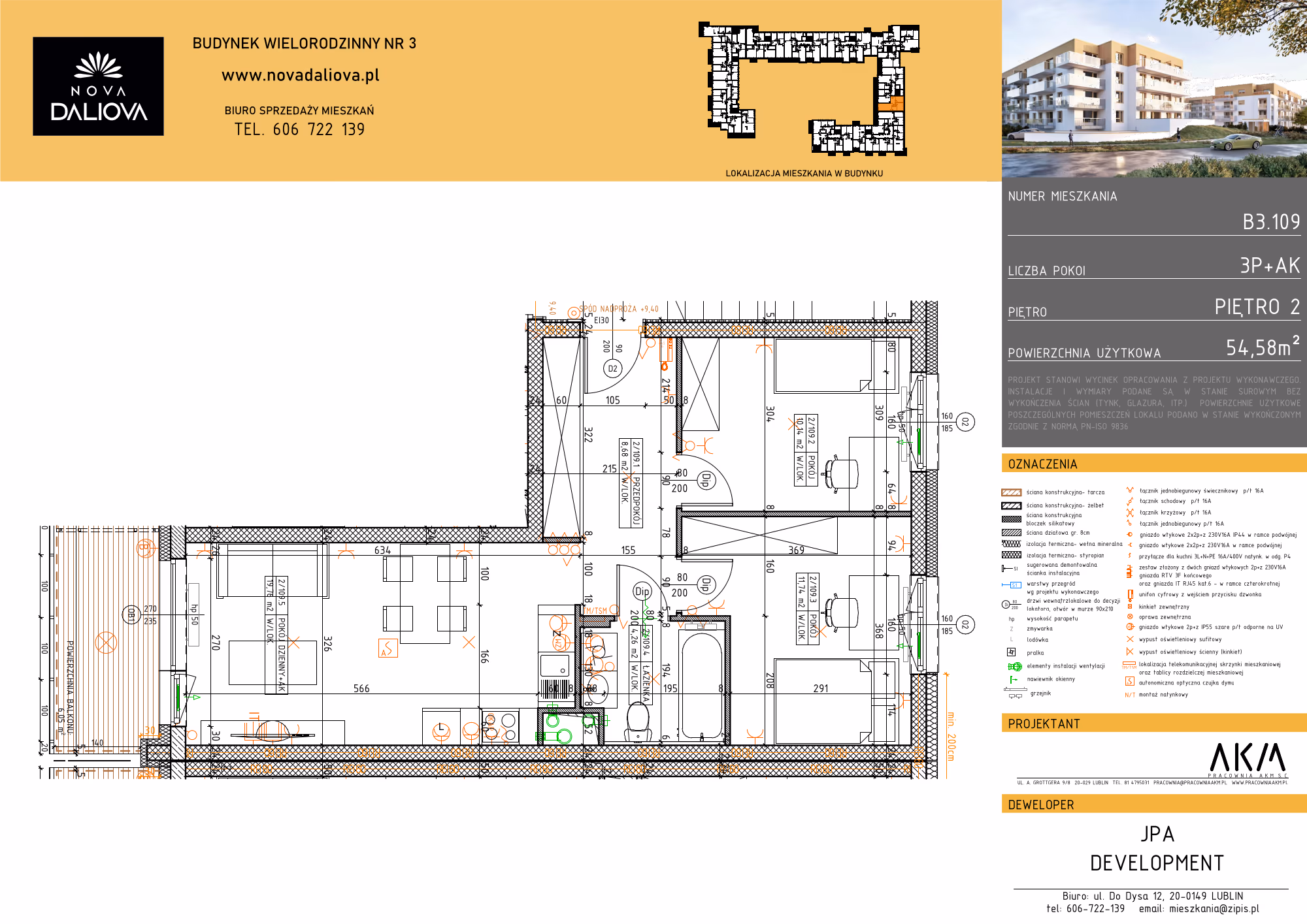 Mieszkanie 3-pokojowe, 55 m² — Nova Daliova B3.109 — rzut