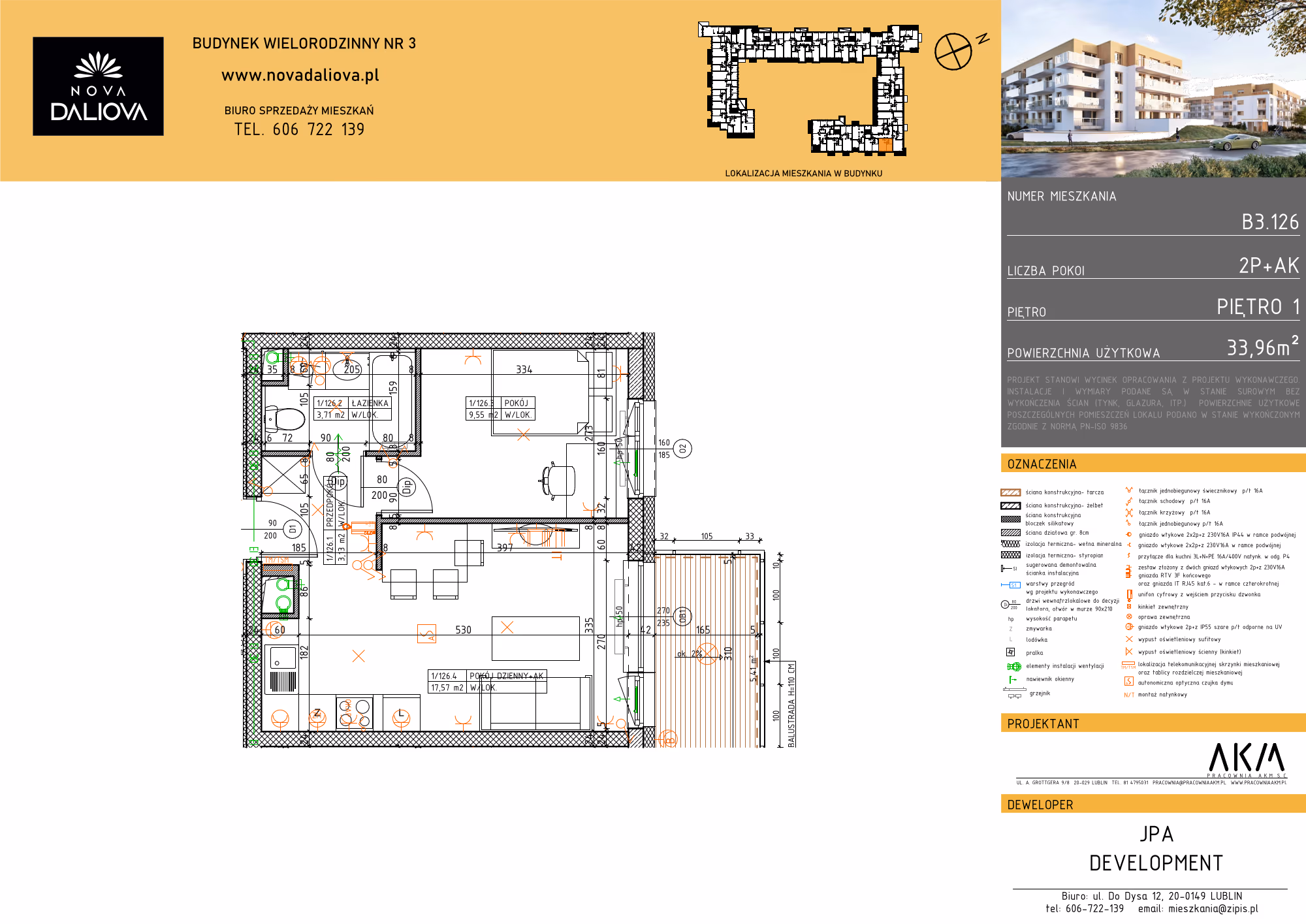 Mieszkanie 2-pokojowe, 34 m² — Nova Daliova B3.126 — rzut