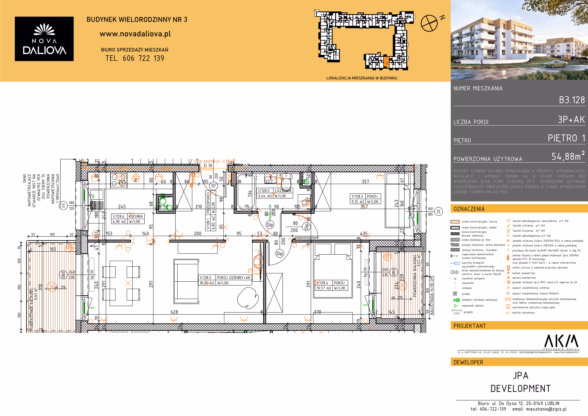 Mieszkanie 3-pokojowe, 55 m² — Nova Daliova B3.128 — rzut