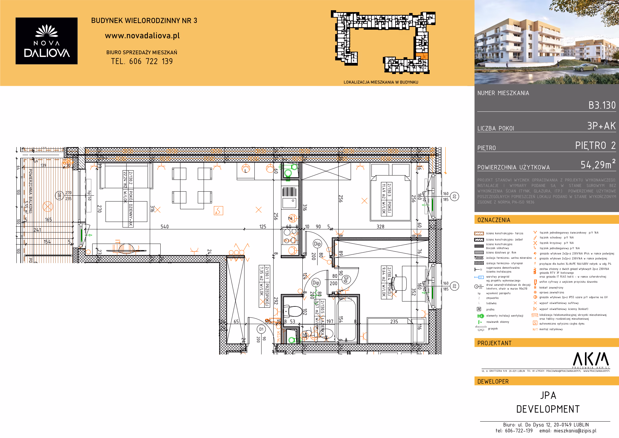 Mieszkanie 3-pokojowe, 54 m² — Nova Daliova B3.130 — rzut