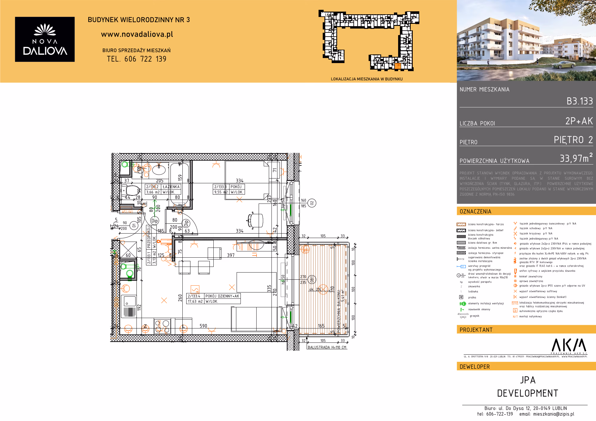 Mieszkanie 2-pokojowe, 34 m² — Nova Daliova B3.133 — rzut