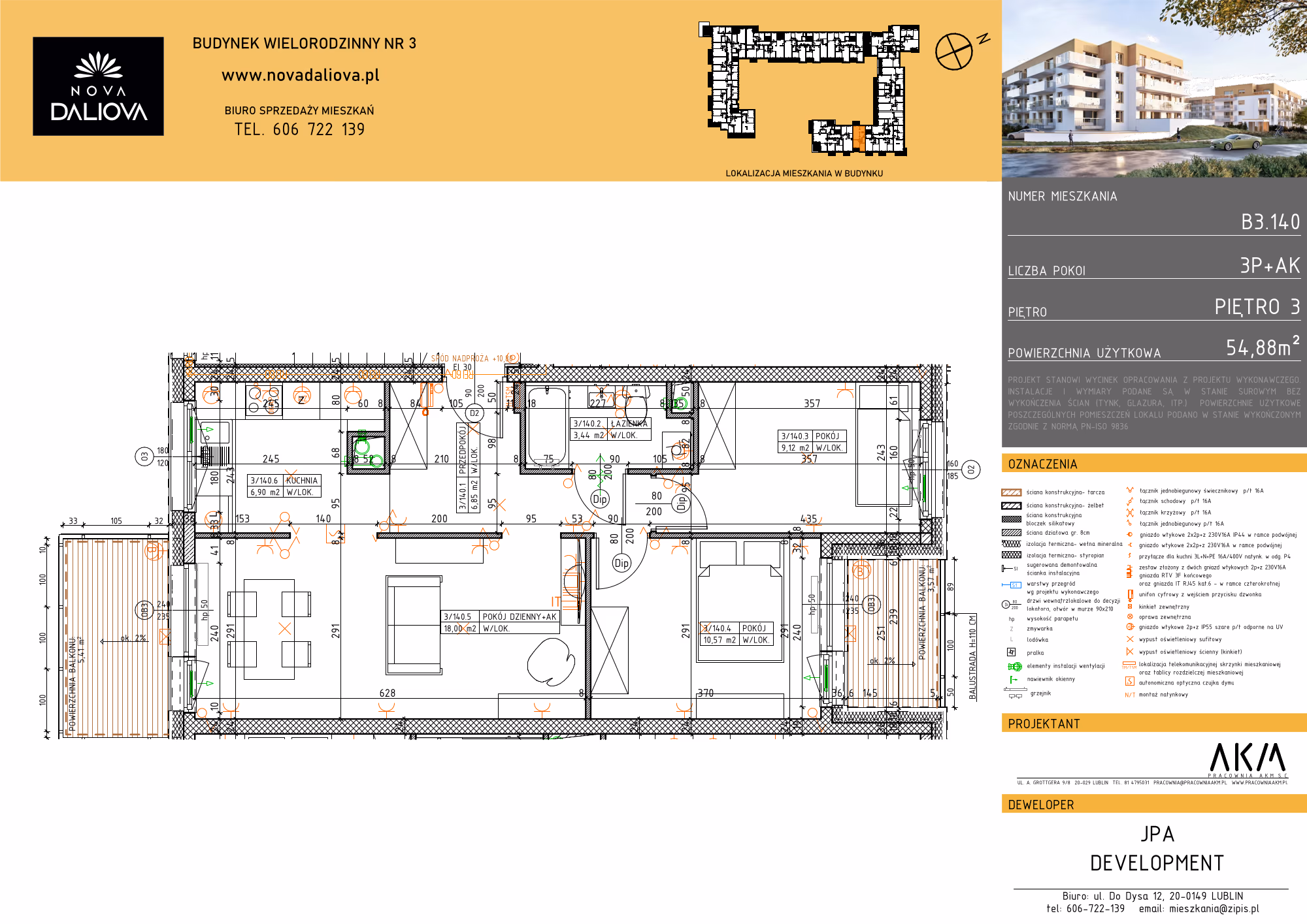 Mieszkanie 3-pokojowe, 55 m² — Nova Daliova B3.140 — rzut