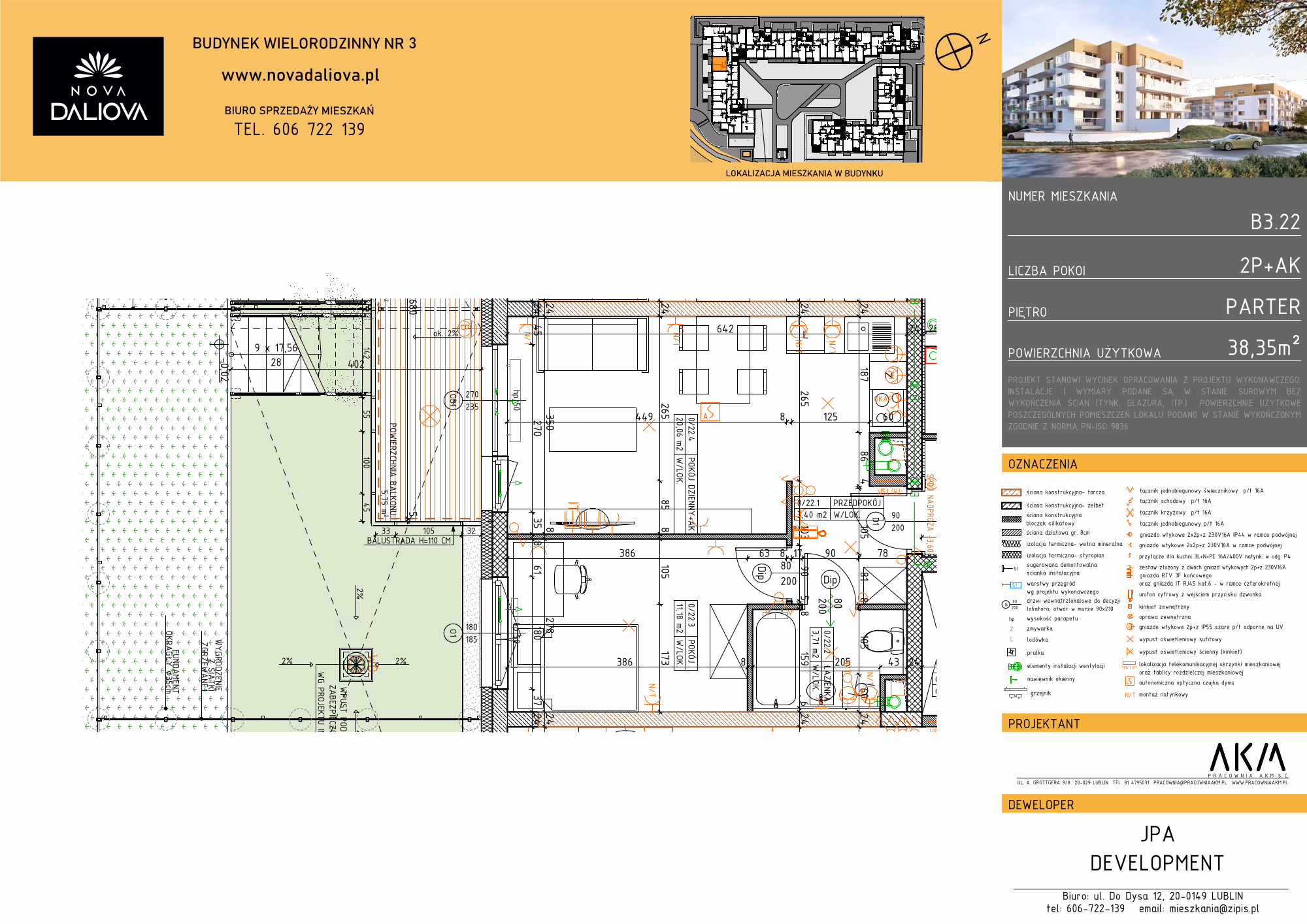 Mieszkanie 2-pokojowe, 38 m² — Nova Daliova B3.22 — rzut