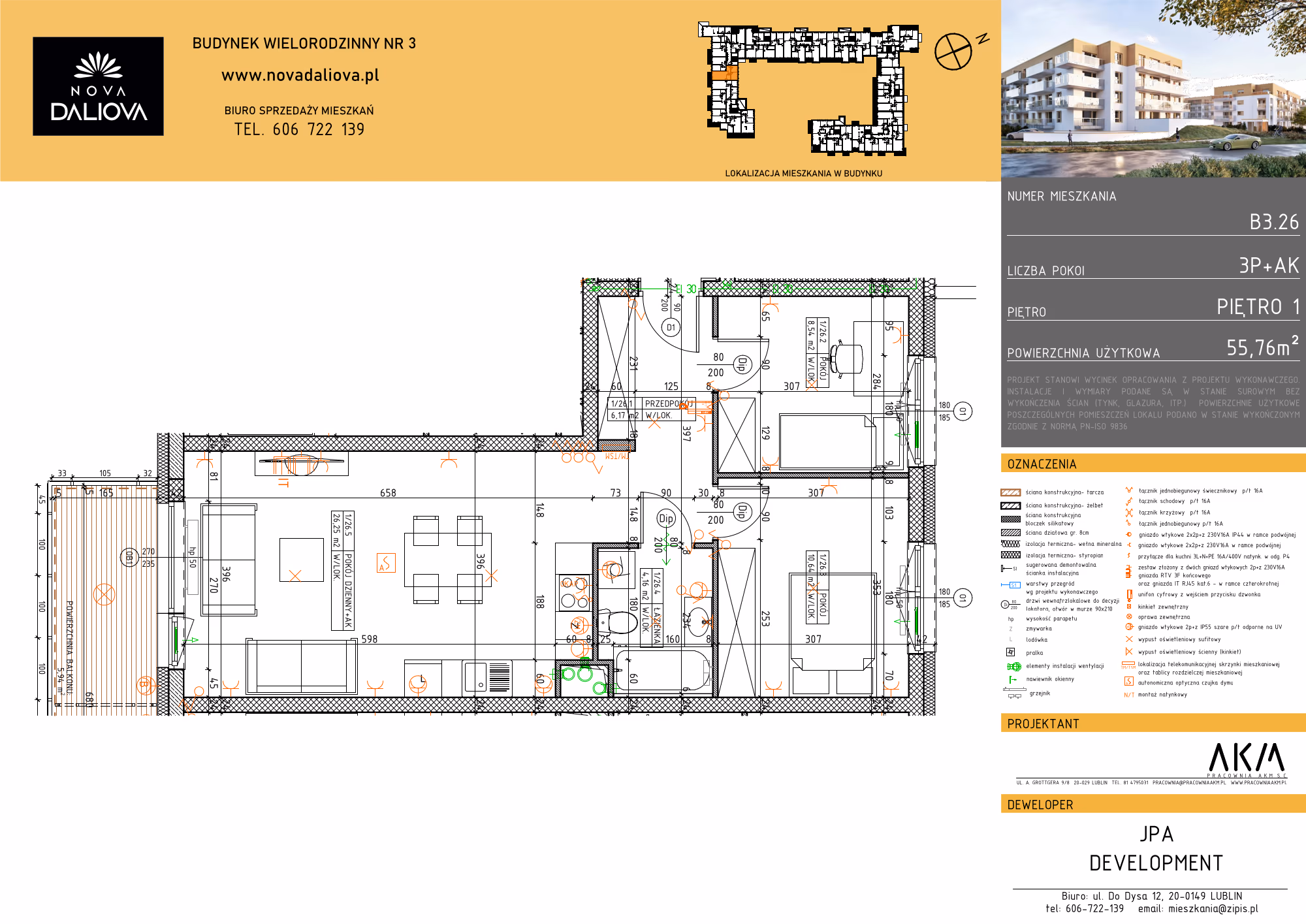 Mieszkanie 3-pokojowe, 56 m² — Nova Daliova B3.26 — rzut
