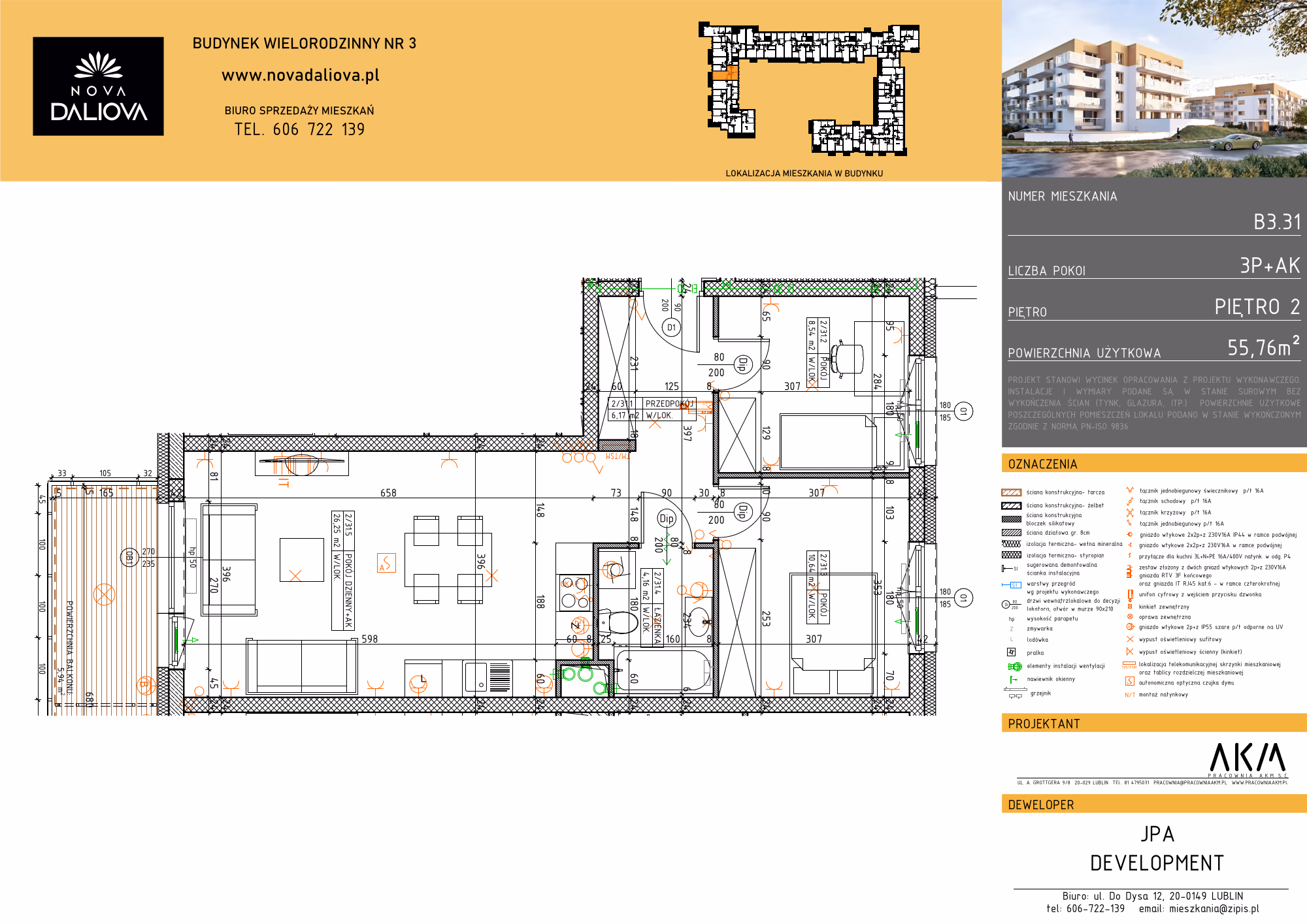 Mieszkanie 3-pokojowe, 56 m² — Nova Daliova B3.31 — rzut