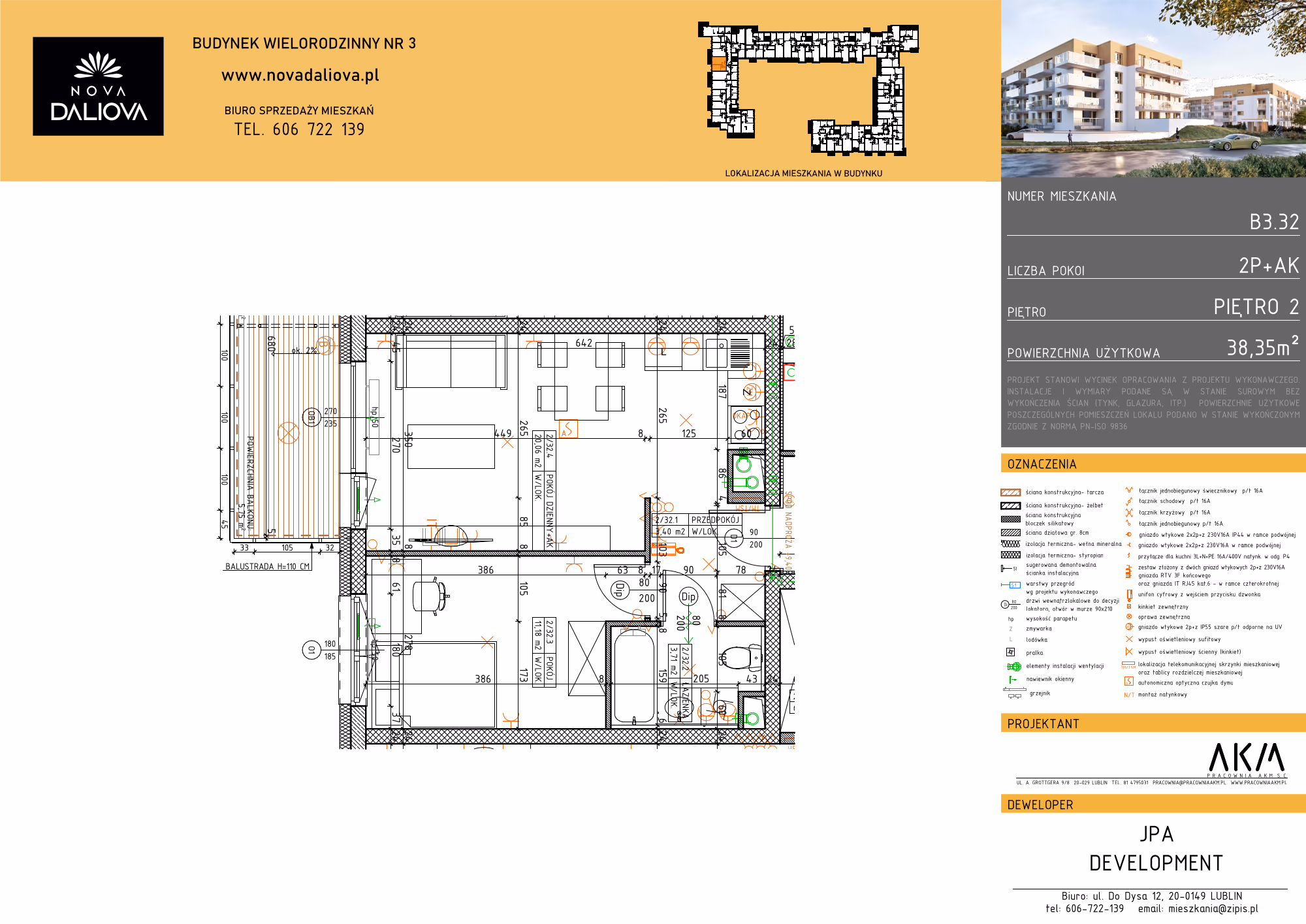 Mieszkanie 2-pokojowe, 38 m² — Nova Daliova B3.32 — rzut
