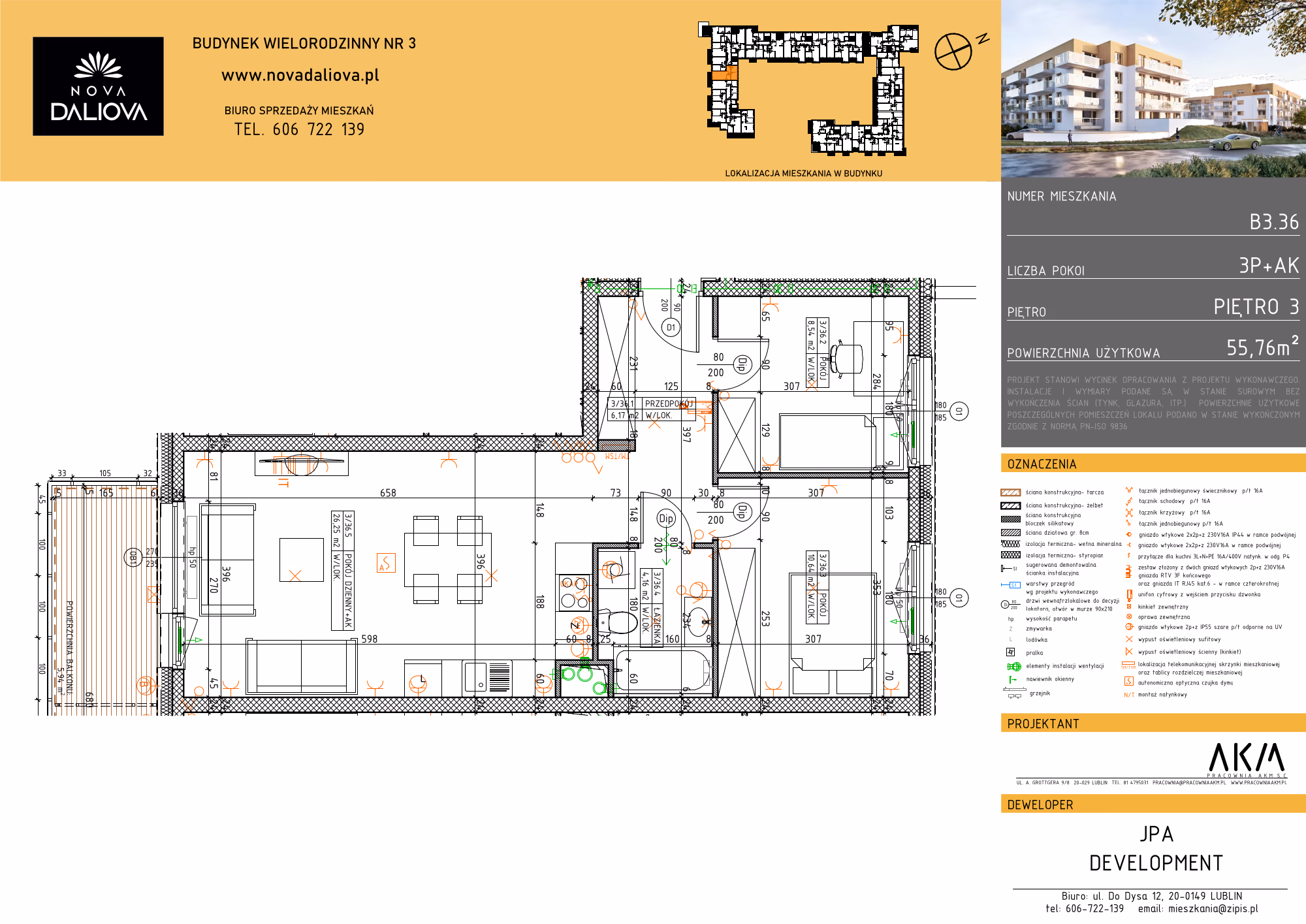Mieszkanie 3-pokojowe, 56 m² — Nova Daliova B3.36 — rzut