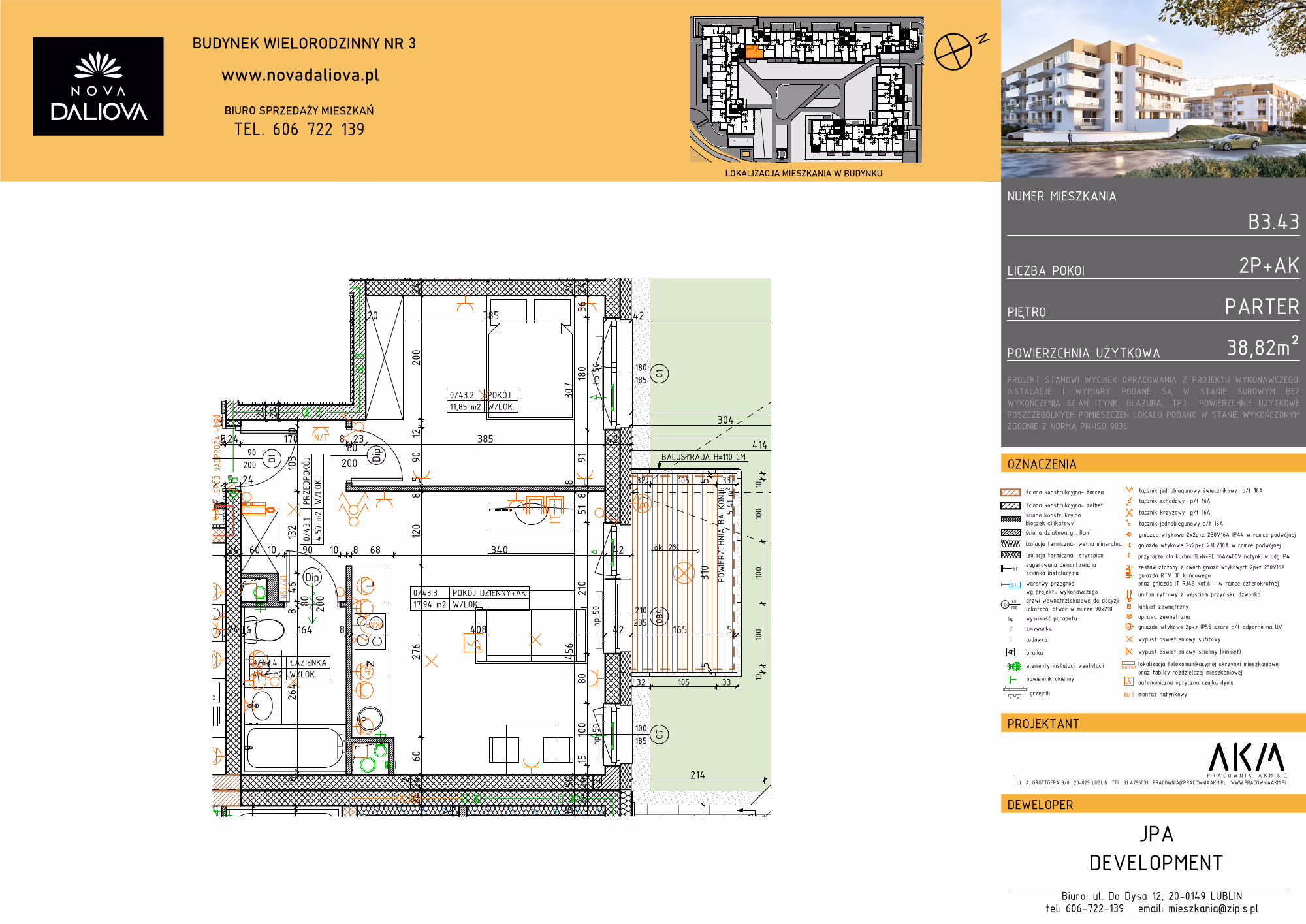 Mieszkanie 2-pokojowe, 39 m² — Nova Daliova B3.43 — rzut