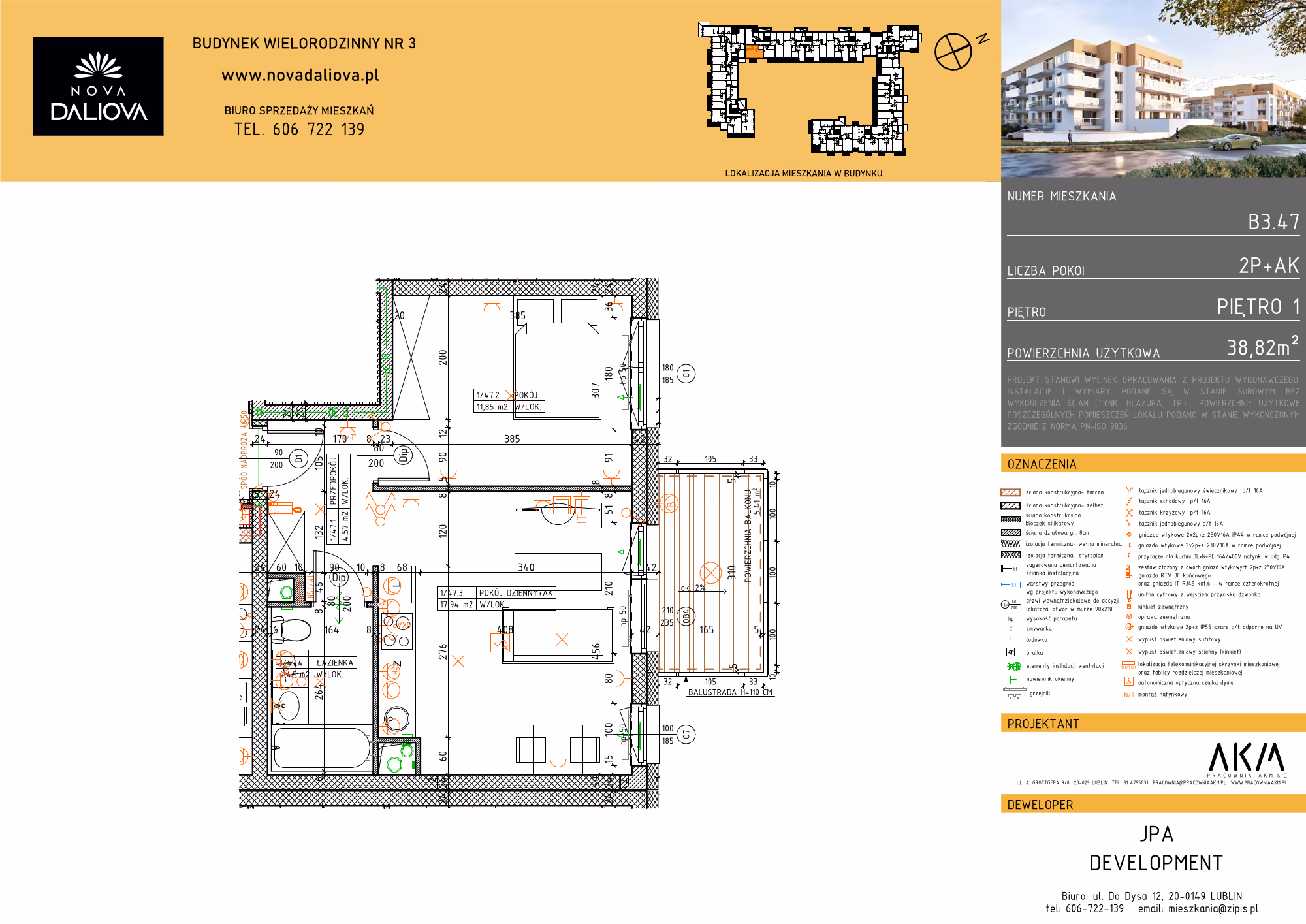 Mieszkanie 2-pokojowe, 39 m² — Nova Daliova B3.47 — rzut