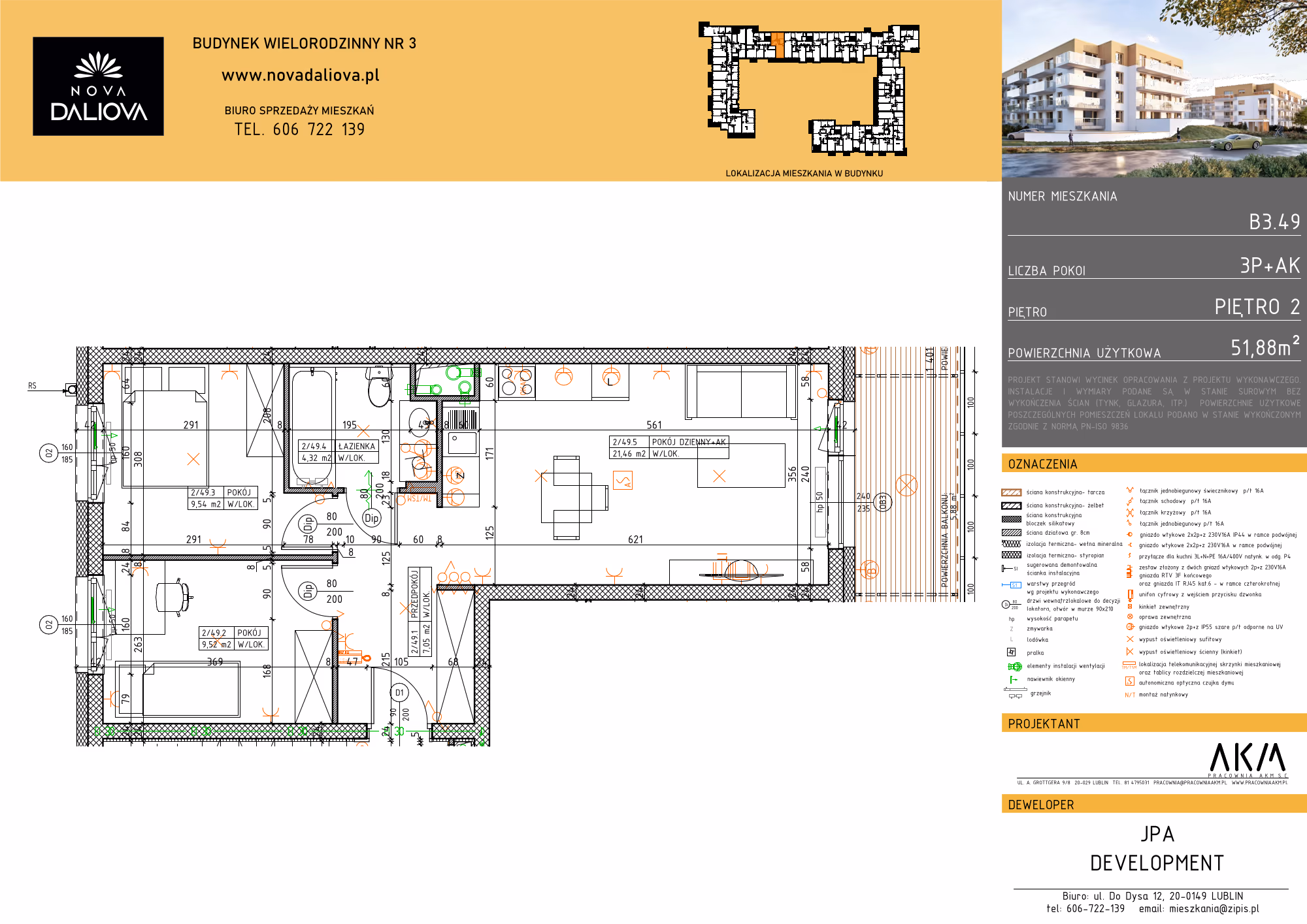 Mieszkanie 3-pokojowe, 52 m² — Nova Daliova B3.49 — rzut