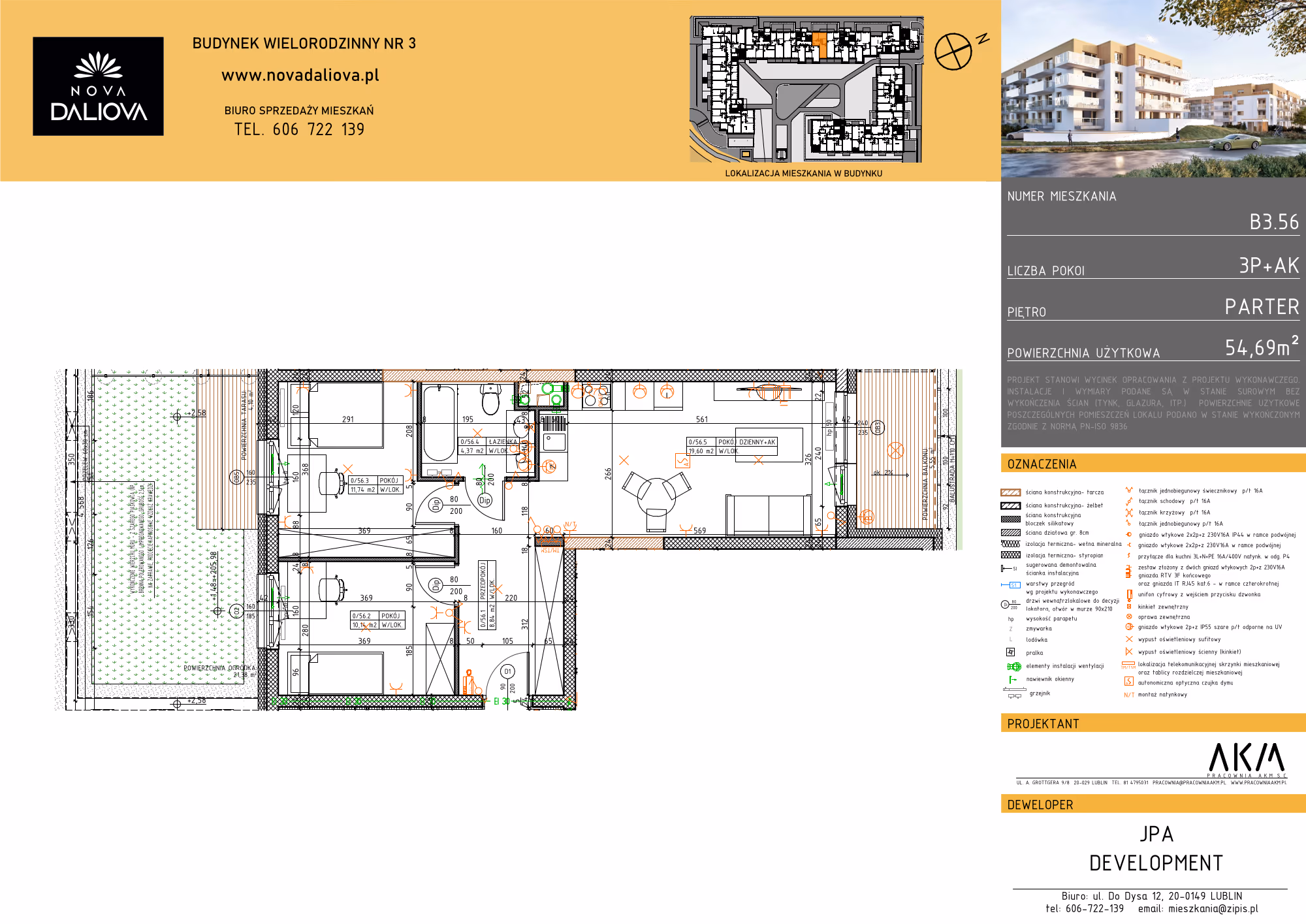 Mieszkanie 3-pokojowe, 55 m² — Nova Daliova B3.56 — rzut