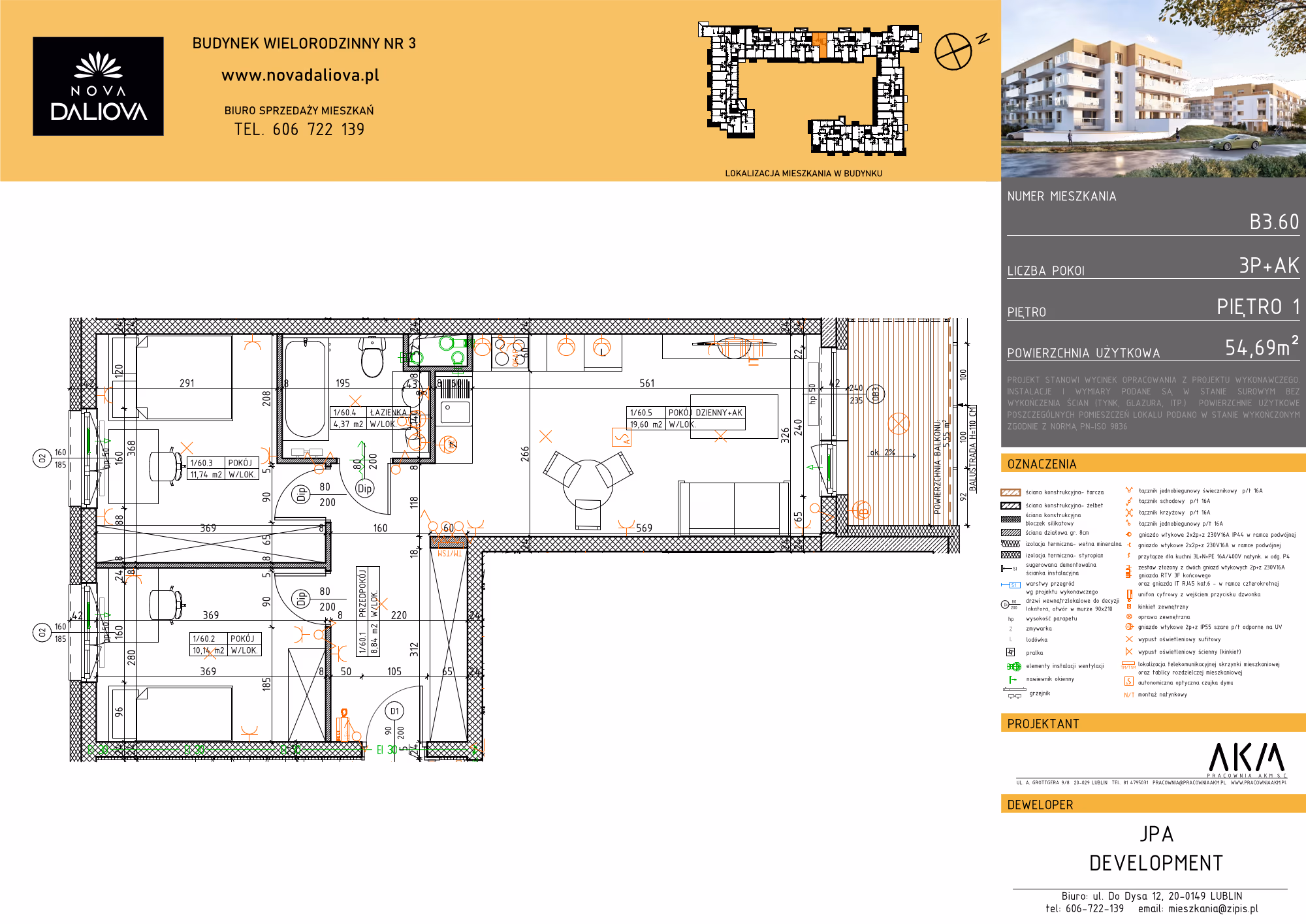 Mieszkanie 3-pokojowe, 55 m² — Nova Daliova B3.60 — rzut