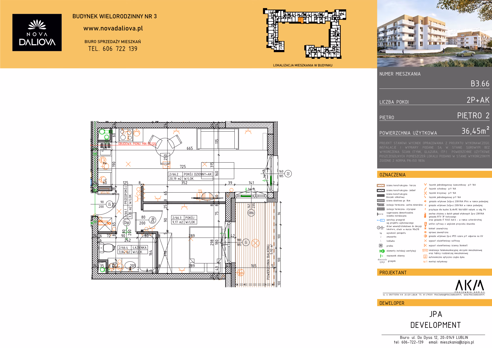 Mieszkanie 2-pokojowe, 36 m² — Nova Daliova B3.66 — rzut