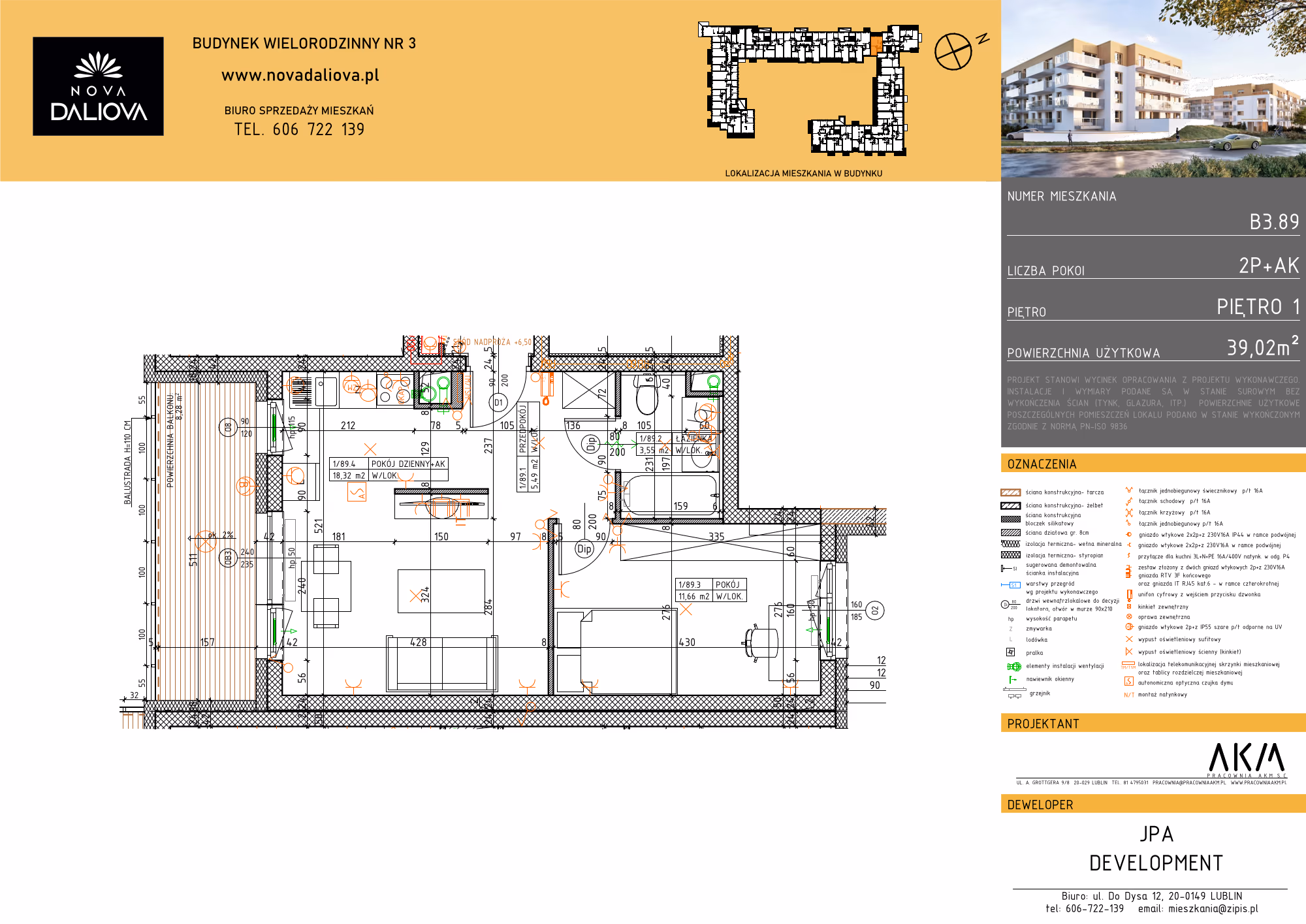 Mieszkanie 2-pokojowe, 39 m² — Nova Daliova B3.89 — rzut