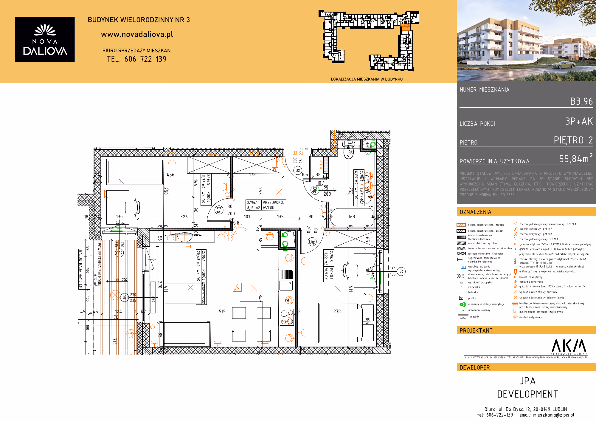 Mieszkanie 3-pokojowe, 56 m² — Nova Daliova B3.96 — rzut